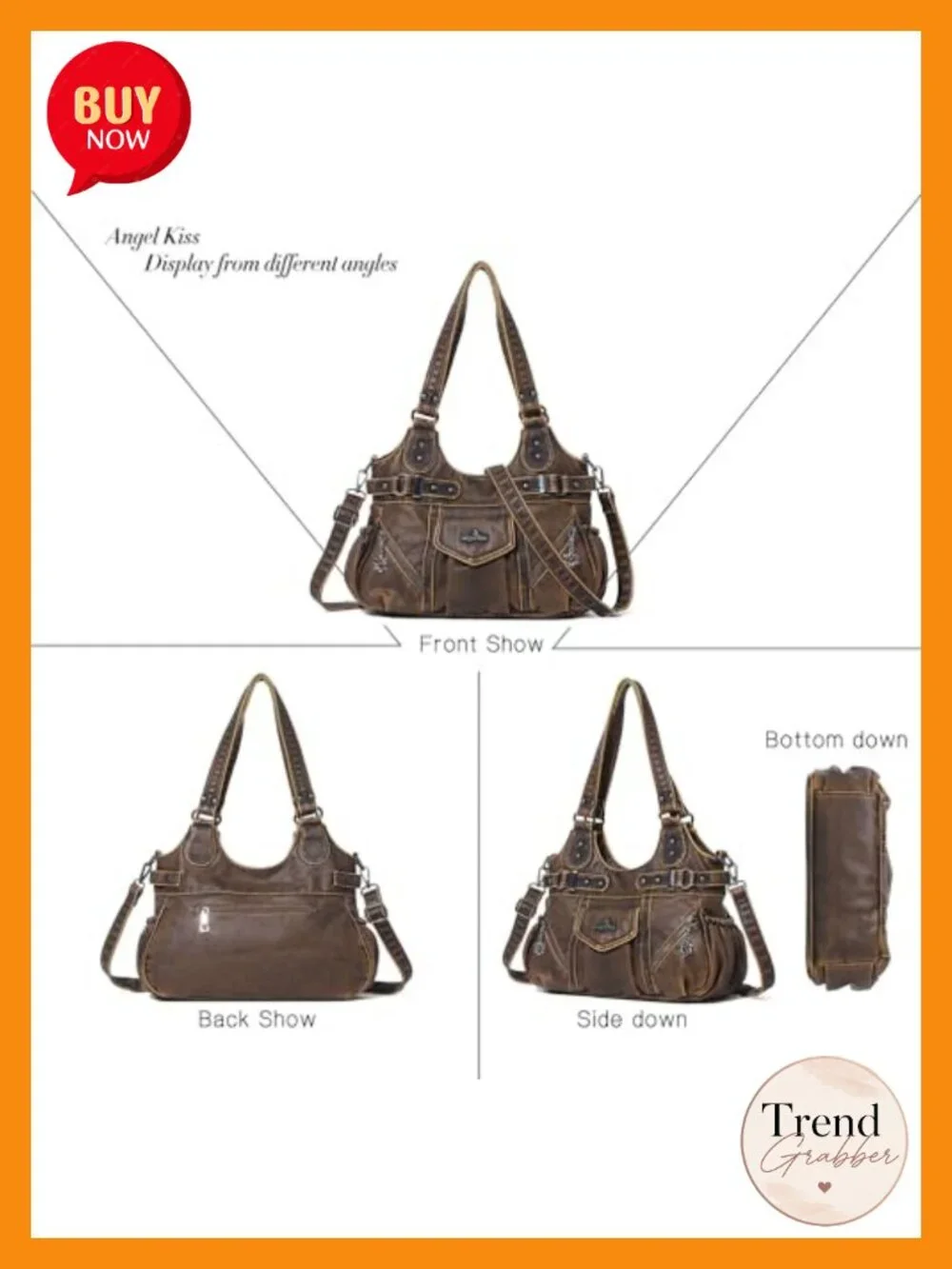 Soft Hobo Shoulder Bag with Metal Studs, Zipper Pockets for Women